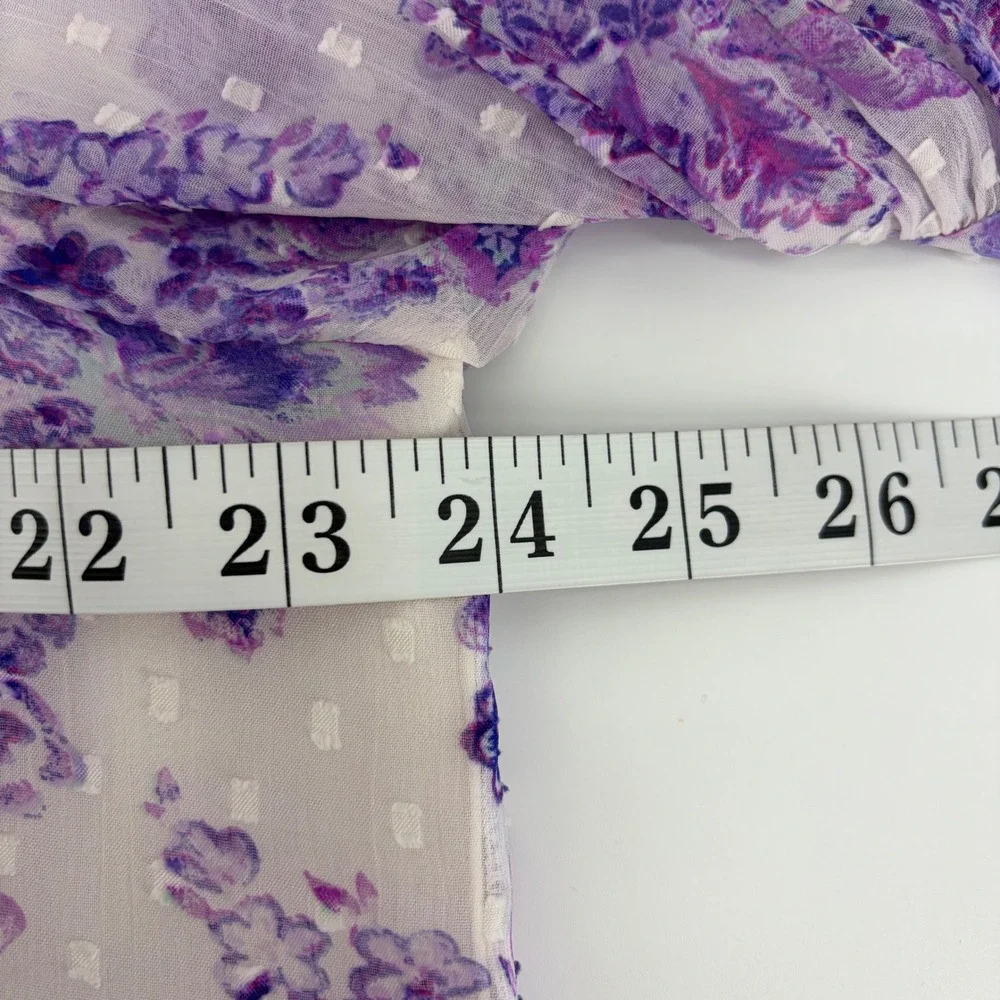 LOFT Womens‎ XL Purple Floral Smocked Neck Puff Sleeve Clip Dot Blouse Top